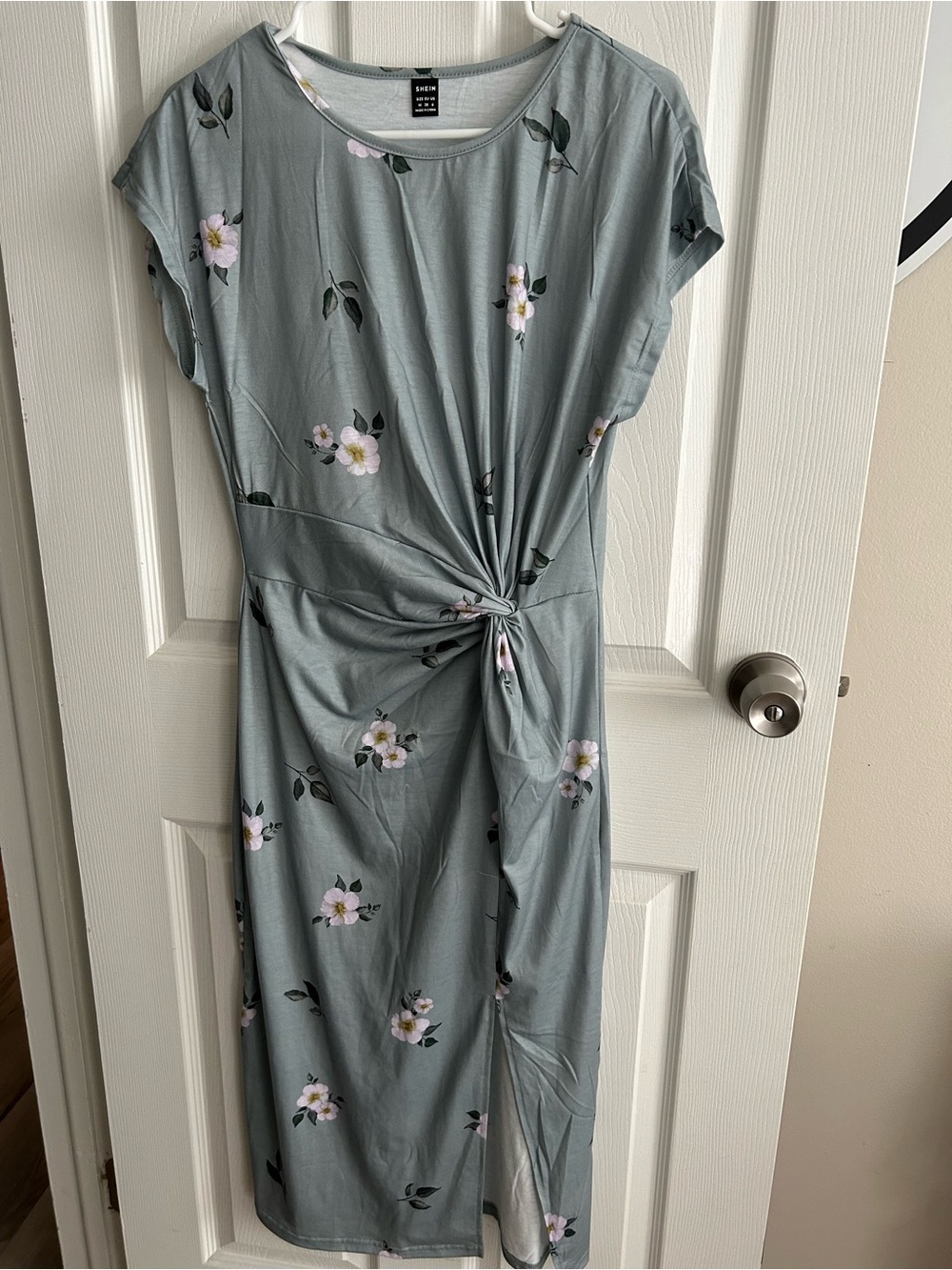 SHEIN Sage Green Floral Knot-Front Midi Dress